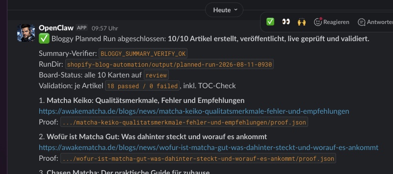 Slack-Erfolgsmeldung des autonomen Blog-Mitarbeiters